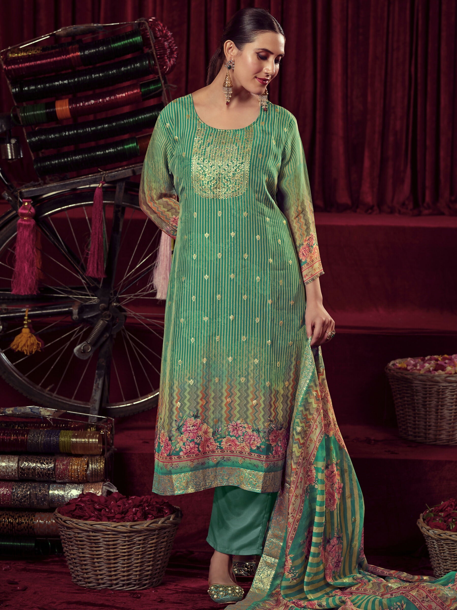 Jyoti Fashion Women's Green Organza Jacquard Woven Kurta with Trouser & Dupatta | Swadesiicart