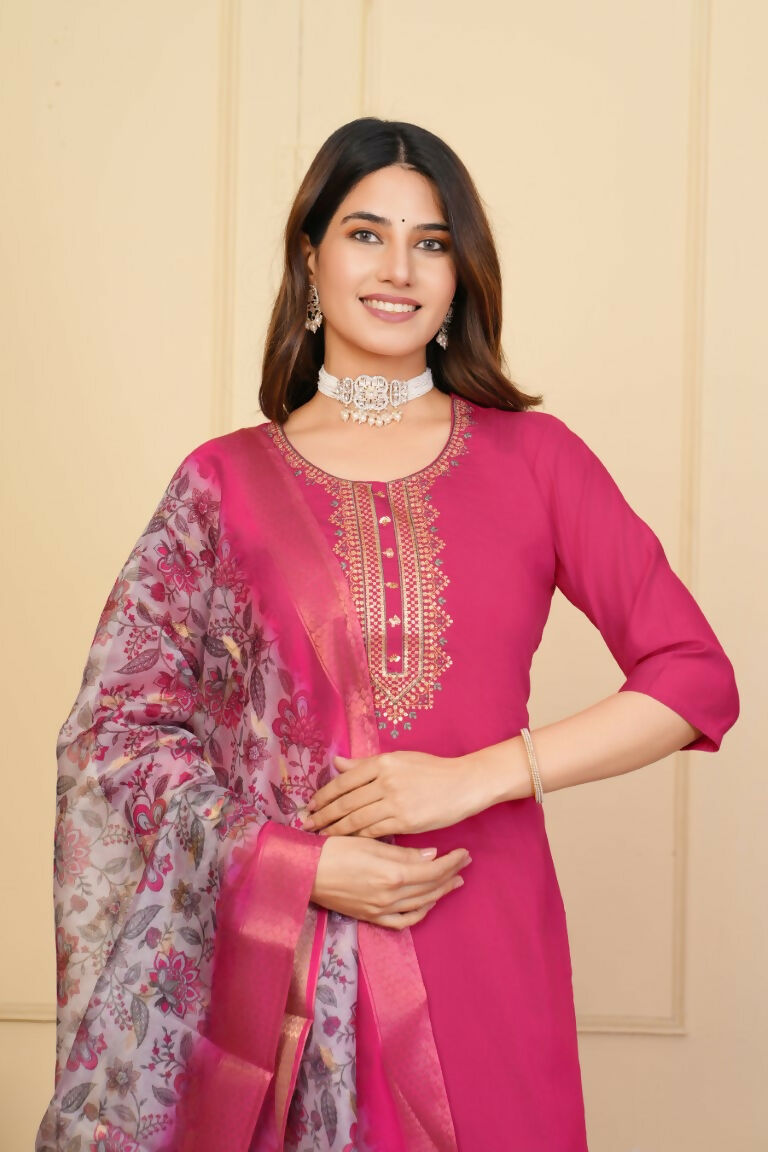 Red Viscose Chanderi Embroidered Stitched Suit With Dupatta - Tanisha | Swadesiicart