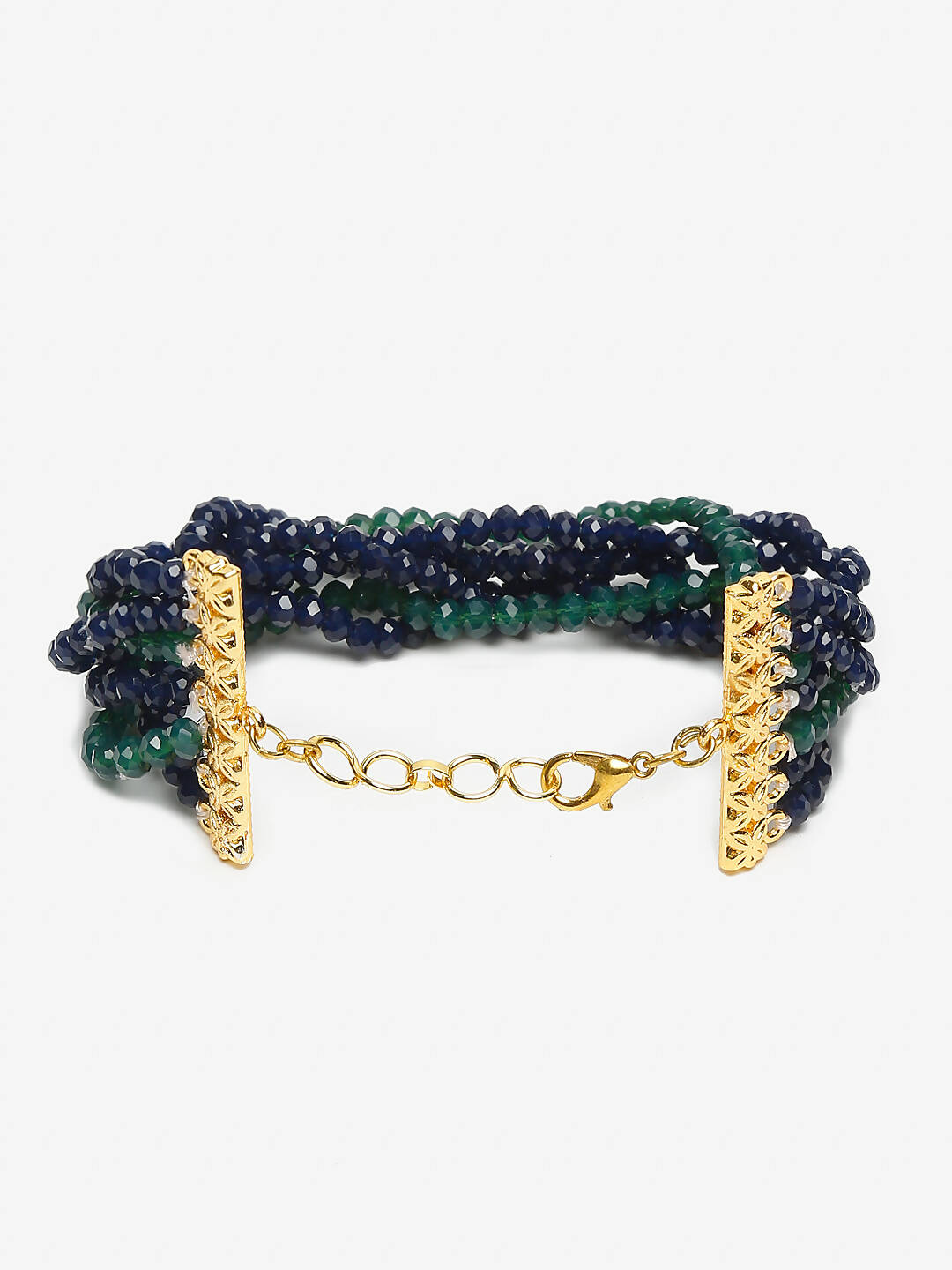 Women's Gold-Toned, Navy Blue Green Onyx Gold-Polished Multistrand Bracelet - Ruby Raang - Swadesiicart