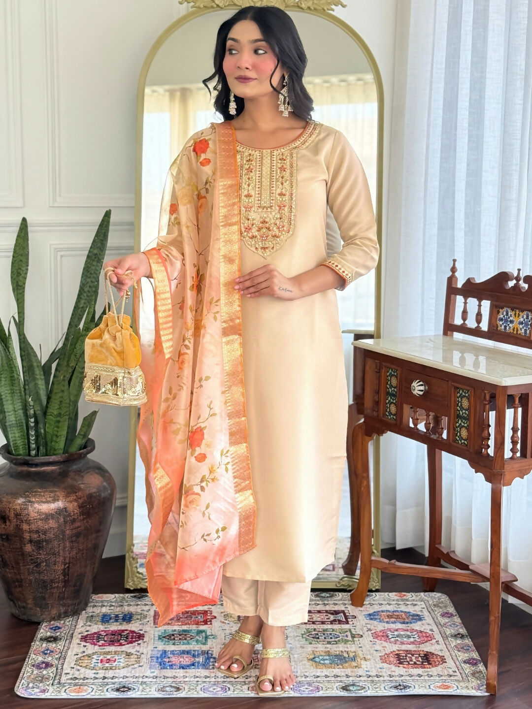 The52 Chiku Women's Beautiful Rayon Fabric Embroidered Work Straight Kurta Pant and Dupatta Set - Swadesiicart