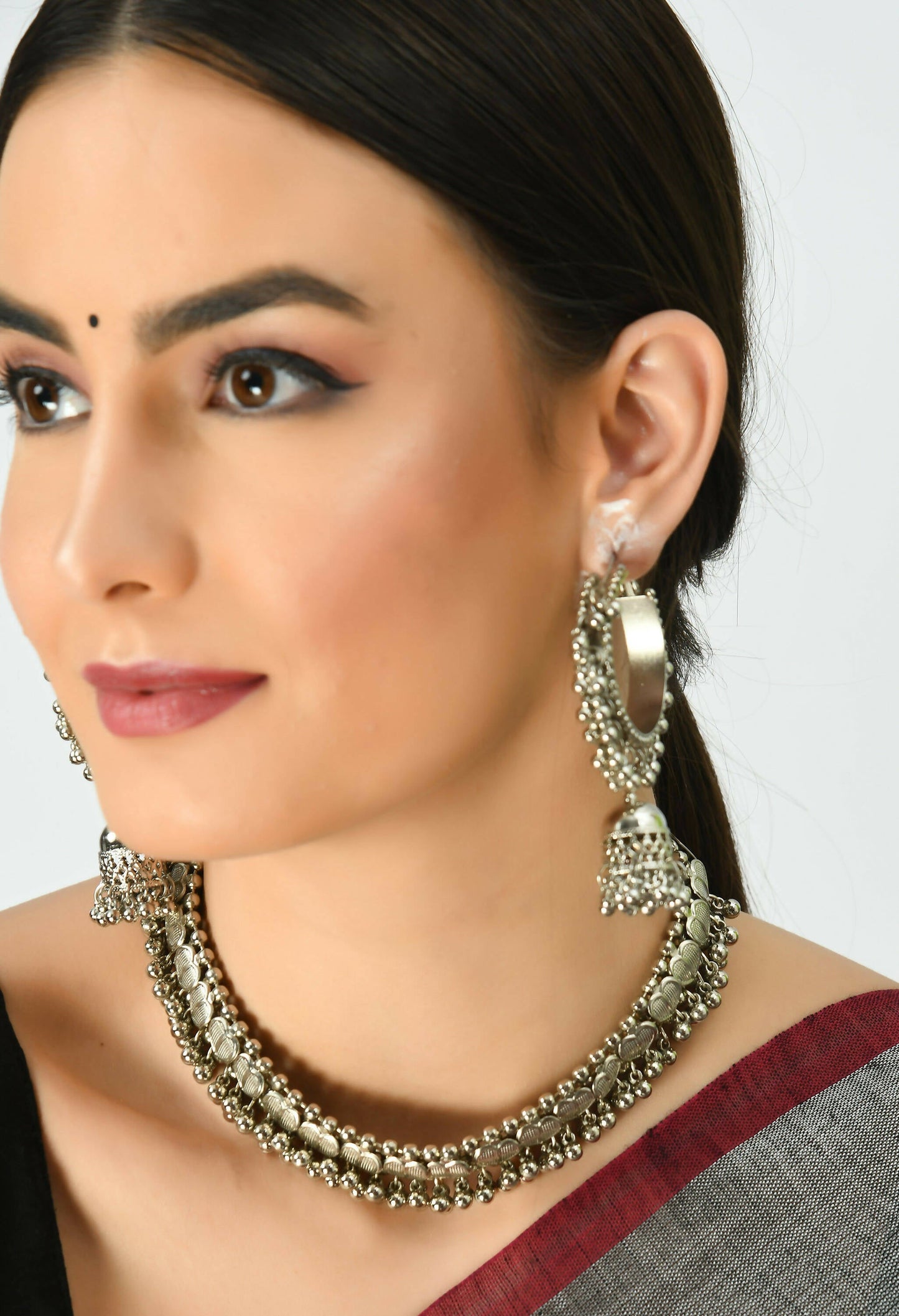 Mominos Fashion Johar Kamal Oxidised Silver-Plated Heart Design Necklace Choker Set For Women | Swadesiicart