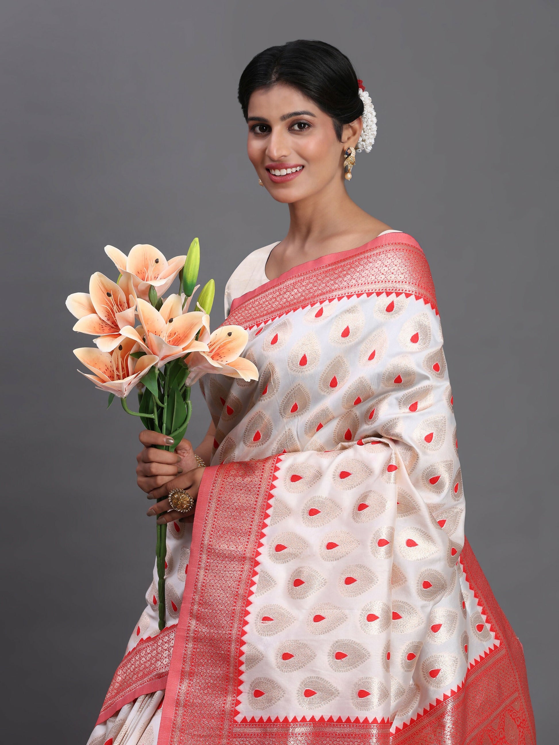 Astita Banarasi Silk Red & White Saree | Swadesiicart
