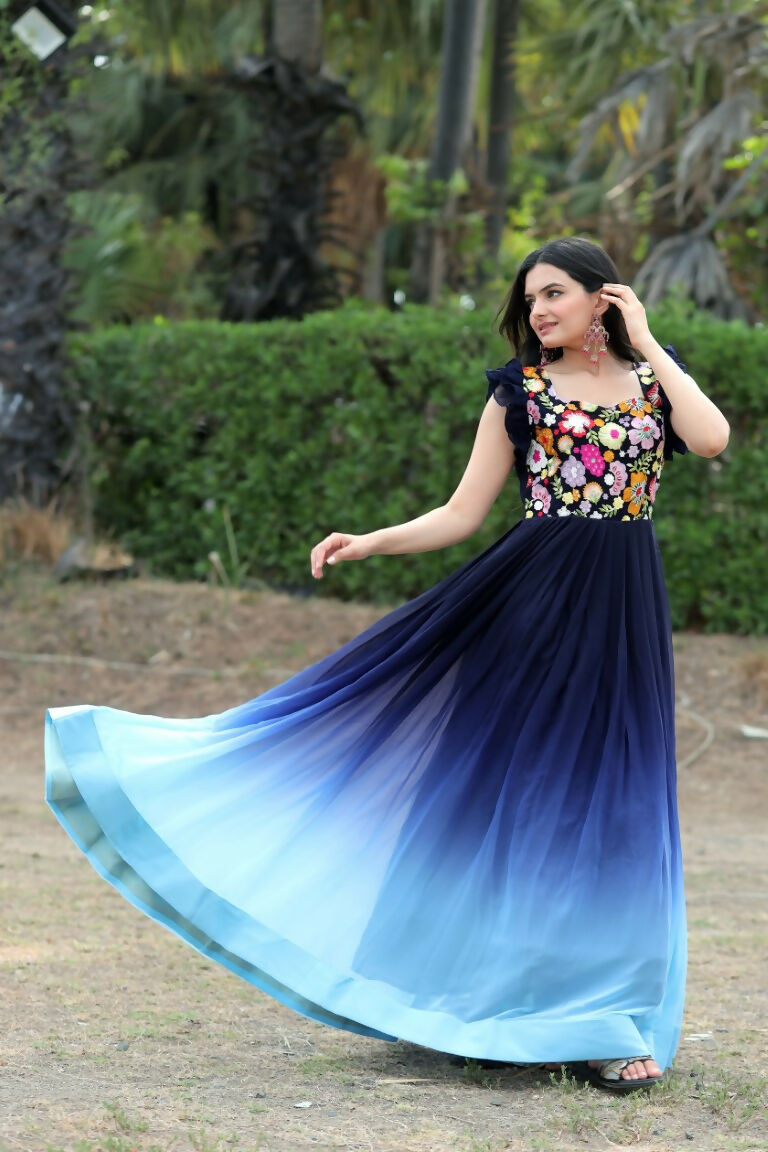 Jyoti Fashion Women's Blue Sequins Embroidery Faux Blooming Anarkali Dress | Swadesiicart
