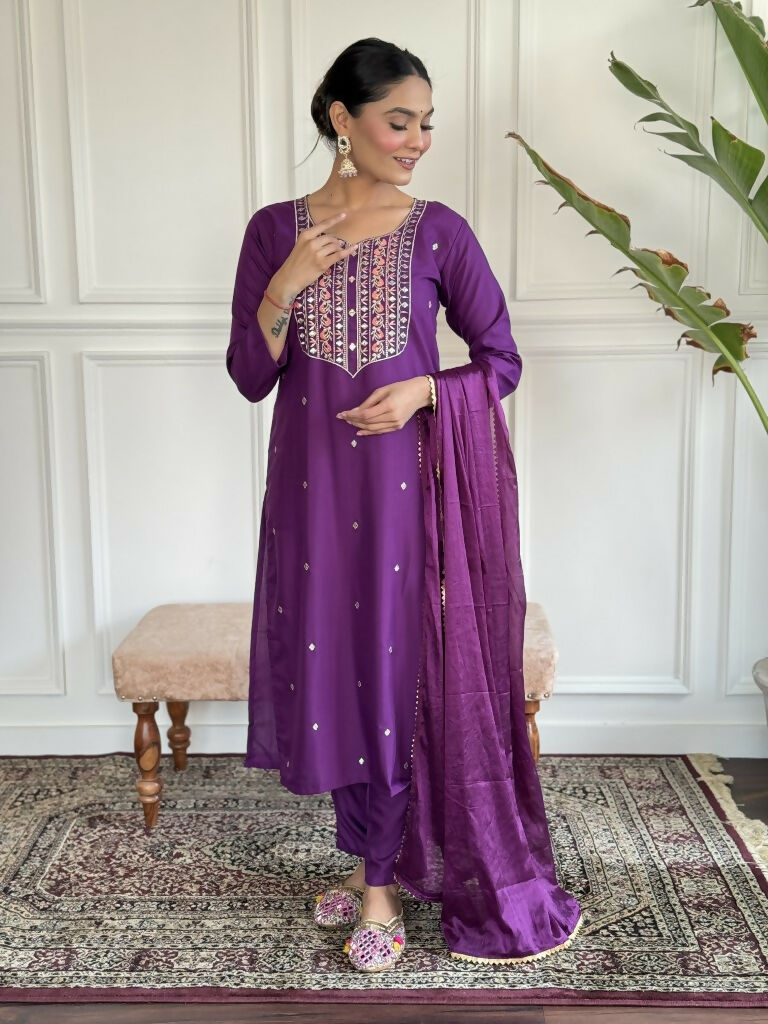 Purple Rayon Slub Stitched Suit With Dupatta - Tanisha | Swadesiicart