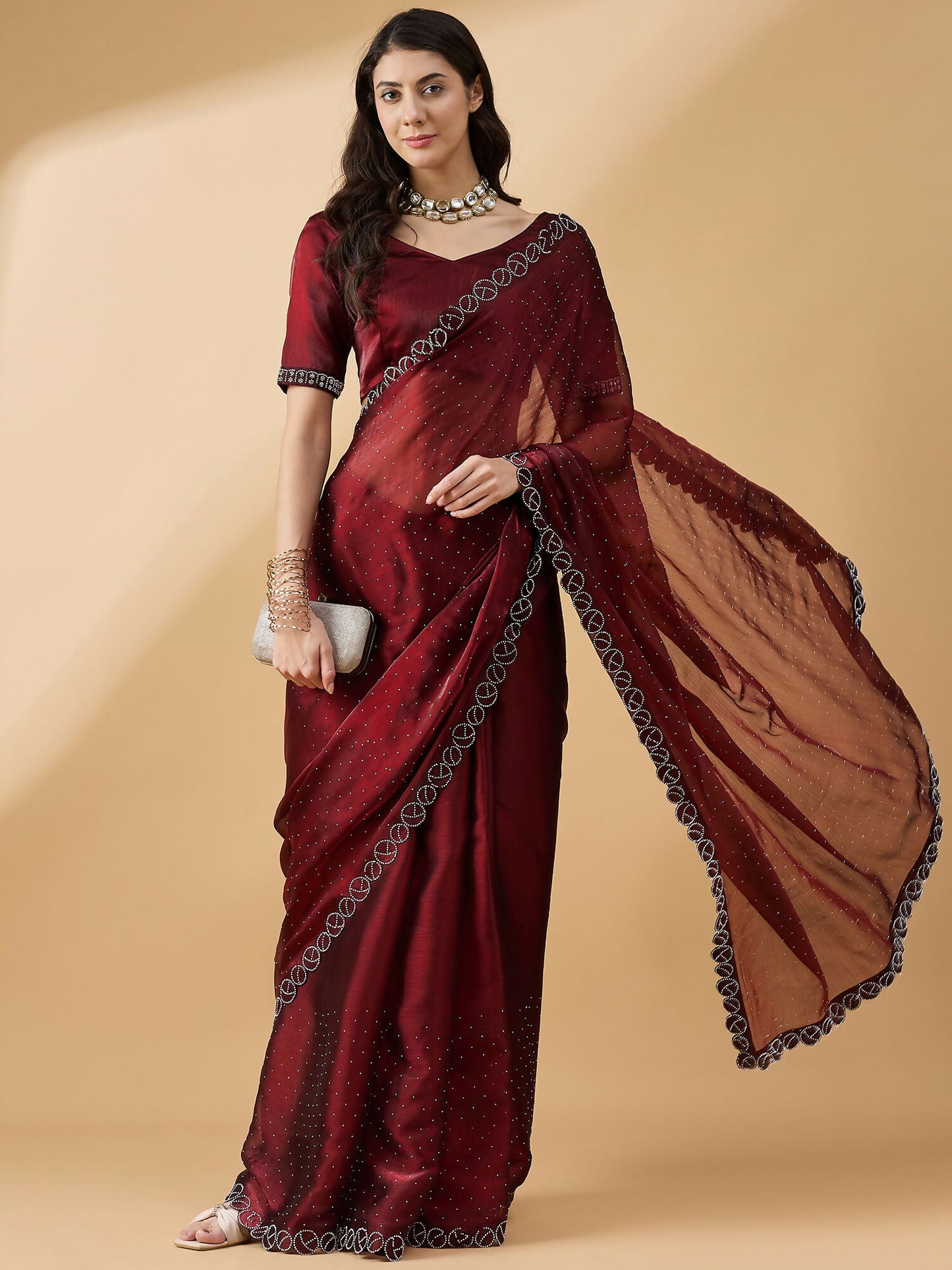 Brown Organza Swaroski Diamond Work Saree with Unstitched Blouse - Radha