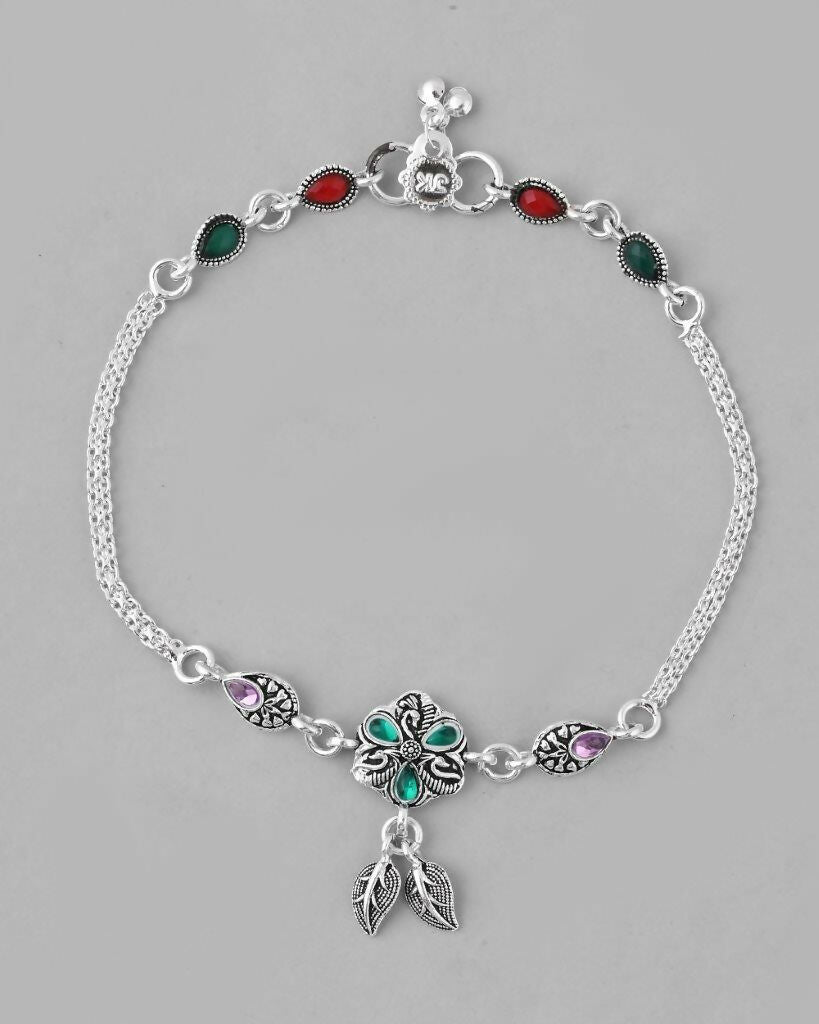 VOJ Set of 2 Traditional Stone Studded Flower Shaped Anklet - Swadesiicart