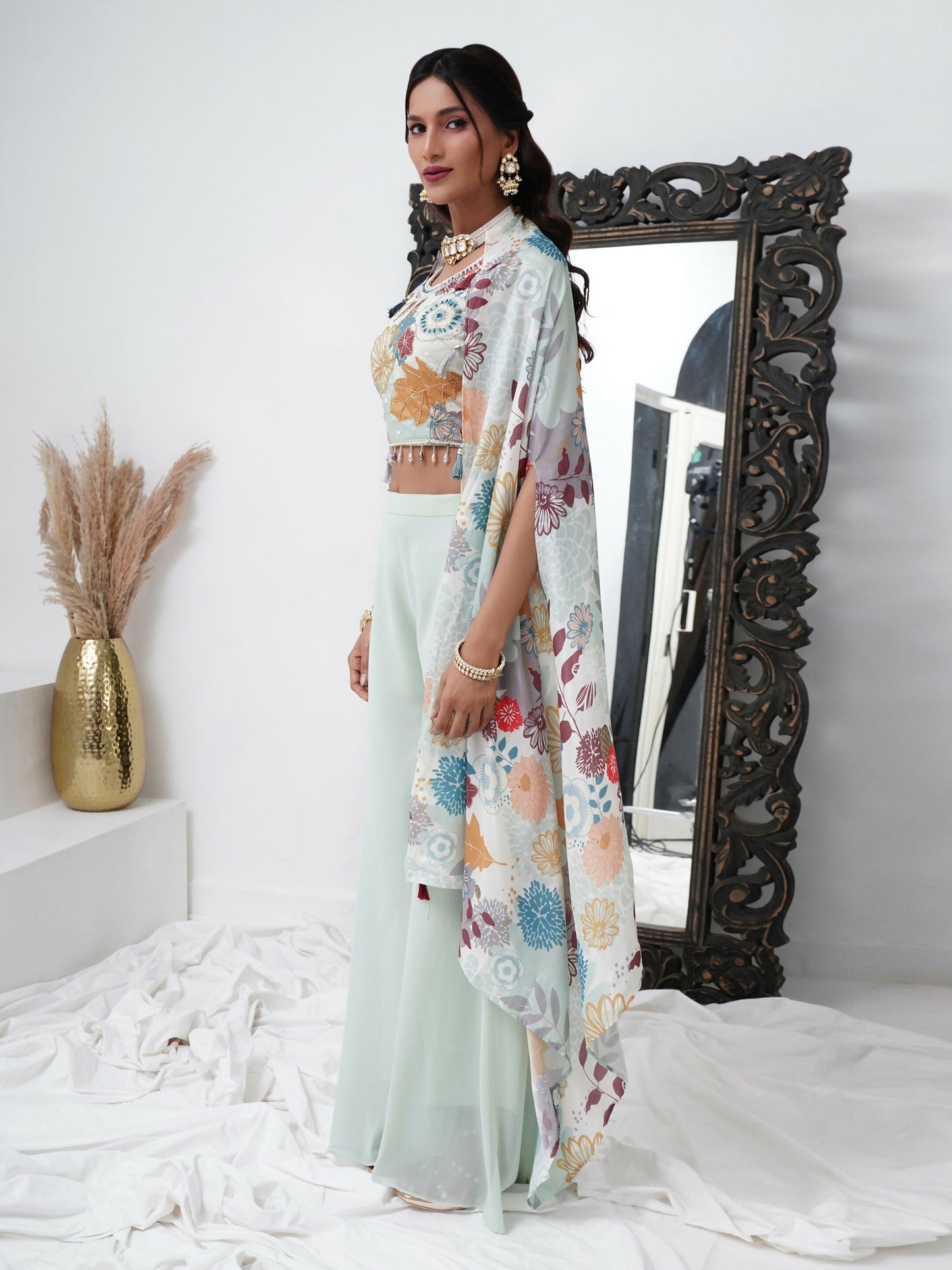 Sea Green Digital Chinon Handwork Top with Palazzo & Shrug - Naomika - Swadesiicart