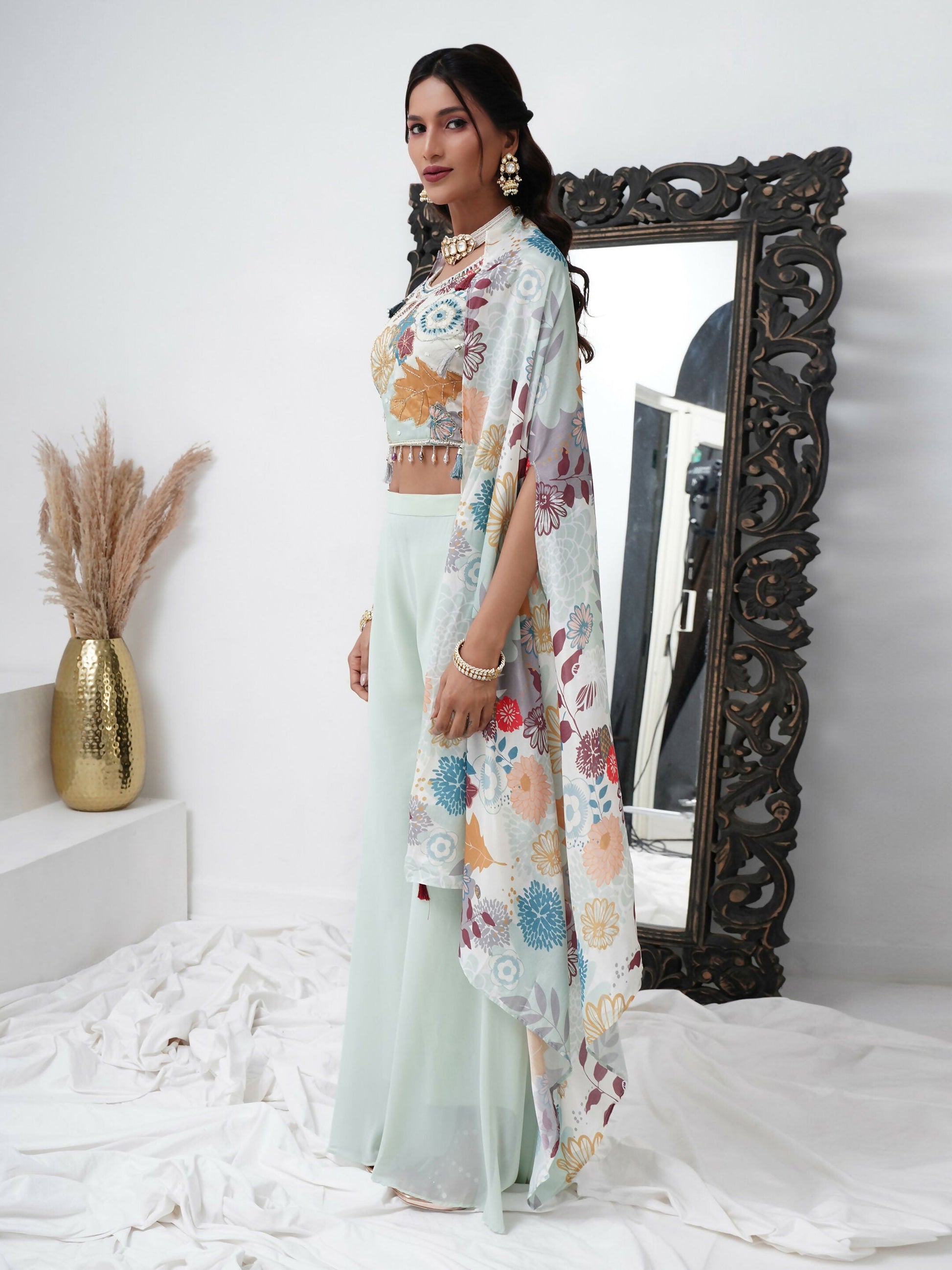 Sea Green Digital Chinon Handwork Top with Palazzo & Shrug - Naomika - Swadesiicart