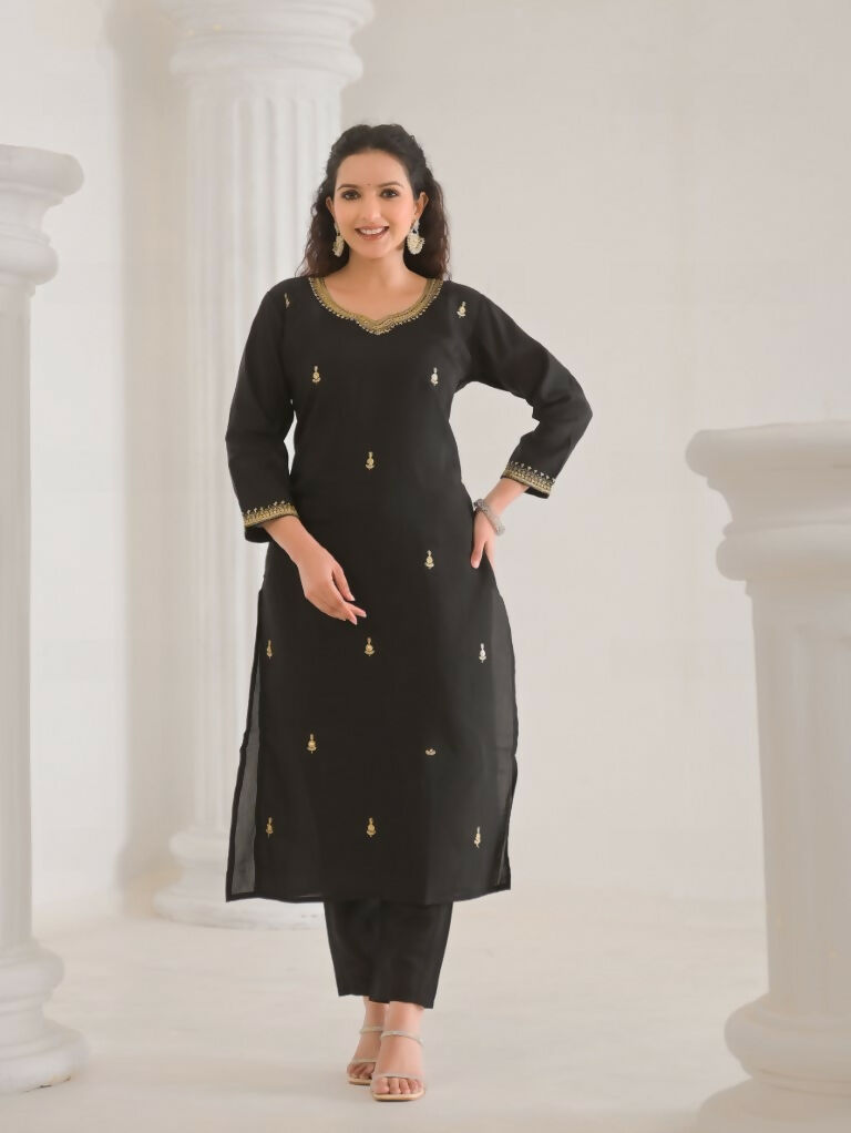 Ethnic Festive Wear Viscose Chanderi Black Stitched Suit With Dupatta - Tanisha | Swadesiicart