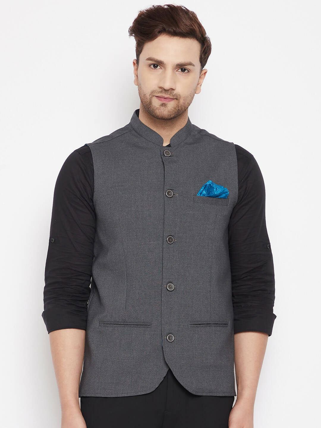 Even Apparels Grey Merino Men's Nehru Jacket-Contrast Lining-Free Pocket Square PW691 | Swadesiicart