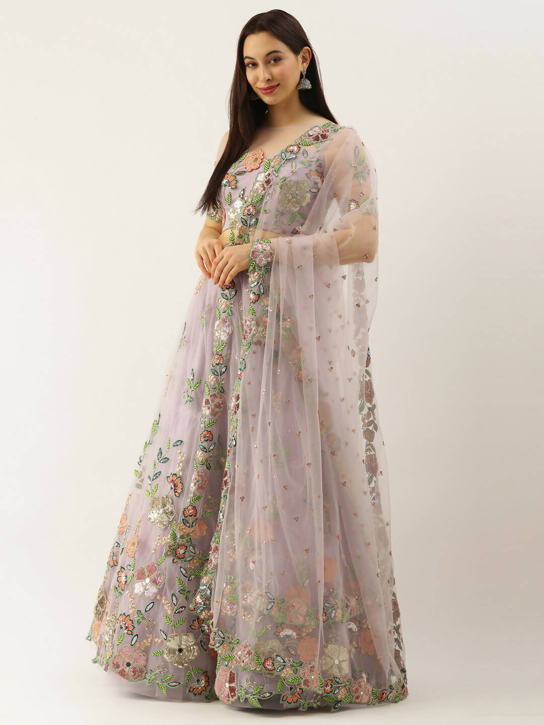 House of Panchhi Lavender - Net Embroidered Sequence Lehenga | Swadesiicart