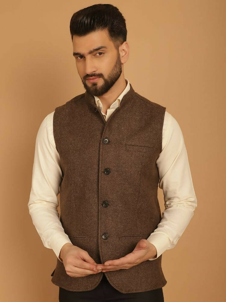 Even Apparels Pure Wool Nehru Jacket - Brown | Swadesiicart