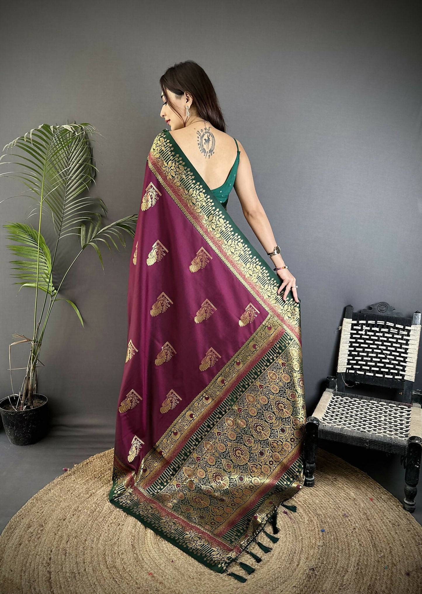 Joban Fashion Maroon Banarasi Soft Silk Peacock Butta Work Saree | Swadesiicart