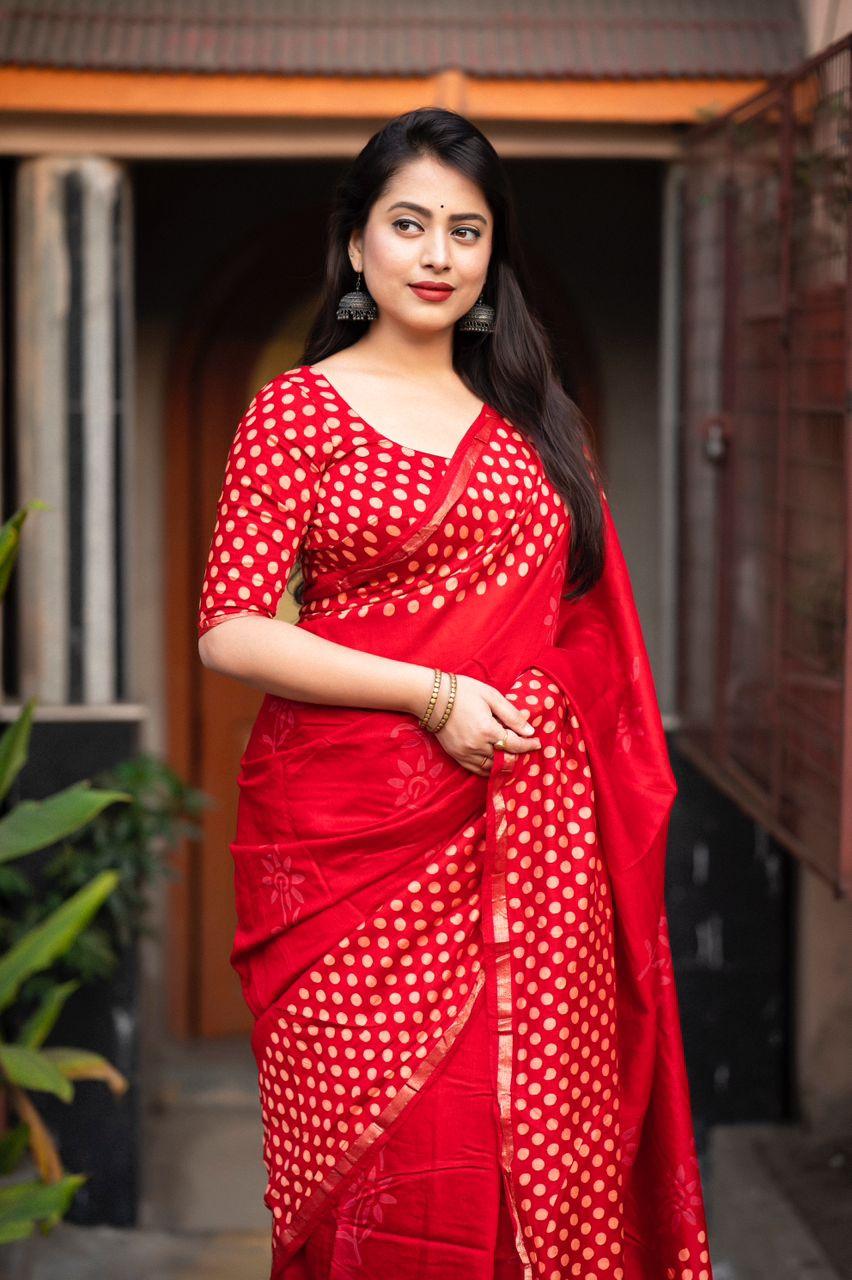 Red Pure Chanderi Hand Block Saree with Unstitched Blouse - Hiral Fashion | Swadesiicart