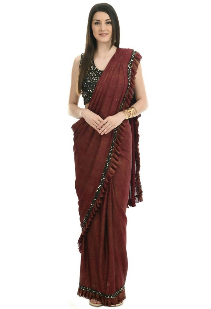 Mominos Fashion All Season Wear Rust And Black Ruffled Ready To Wear Saree | Swadesiicart
