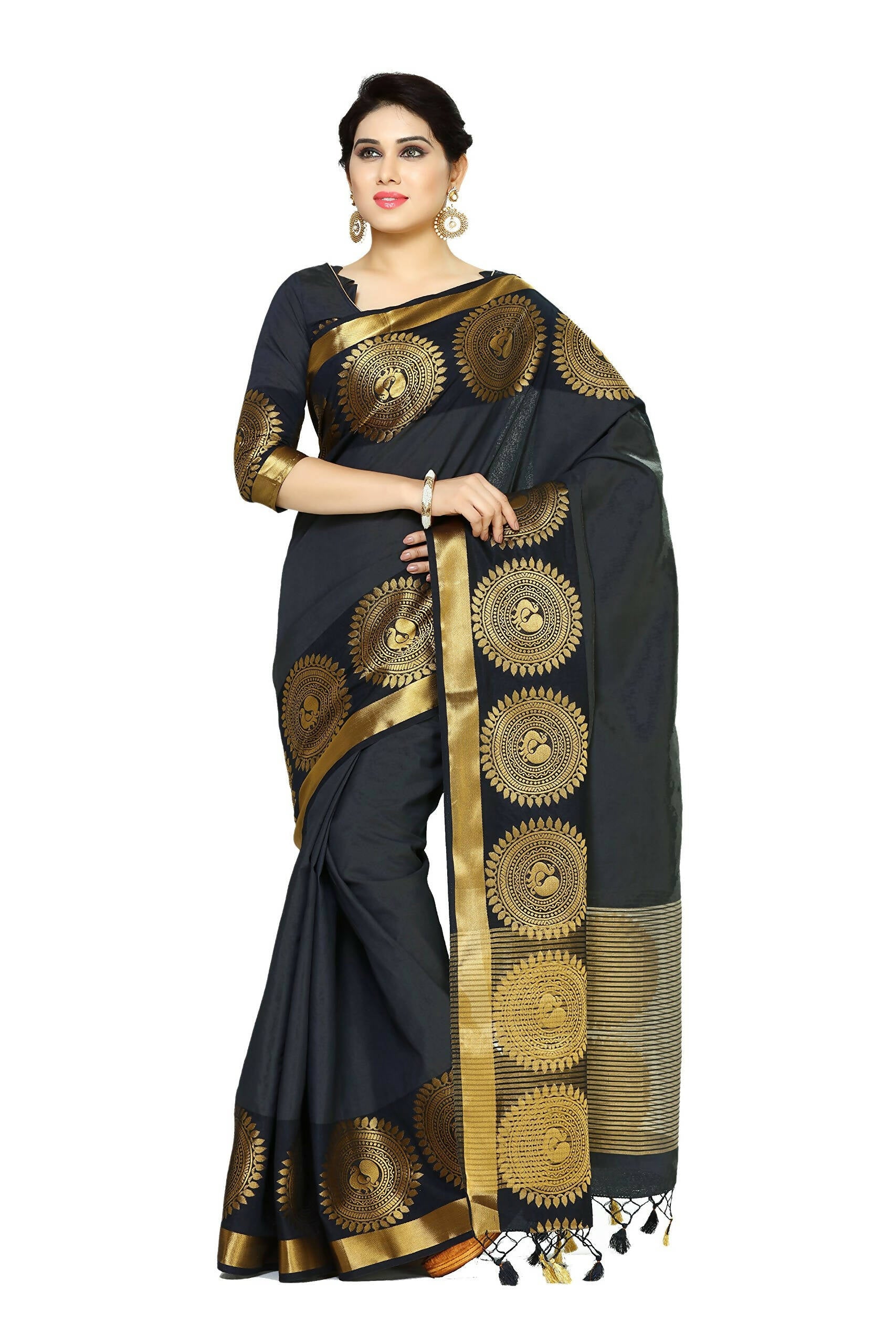 Mimosa Women's Banarasi Tussar Silk Black Saree | Swadesiicart