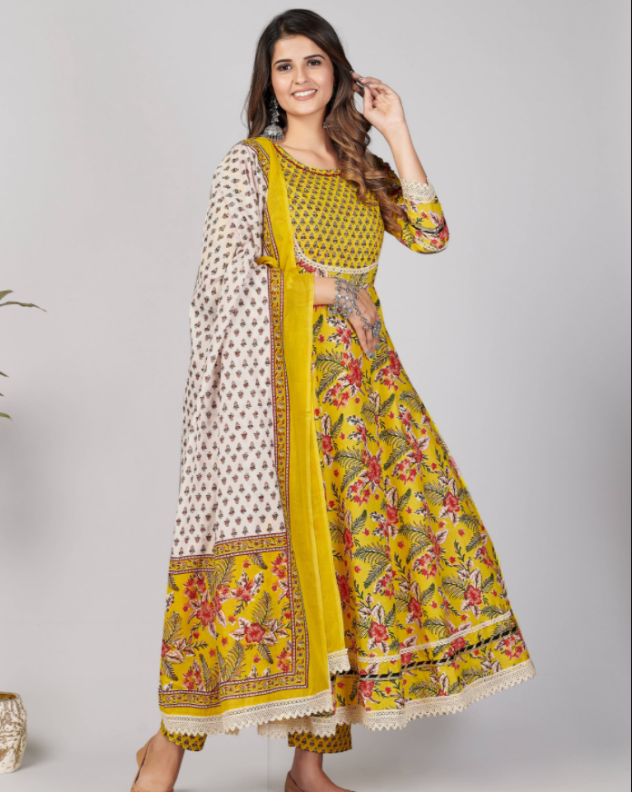 NOZ2TOZ Women's Yellow Anarkali Kurta & Pant With Dupatta Set- (3pcs Set) - Swadesiicart