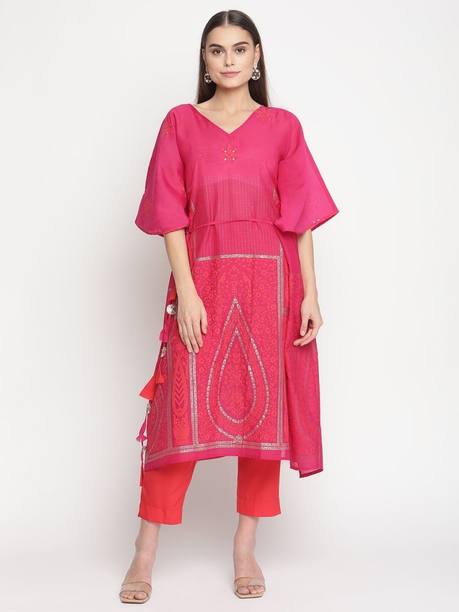 Ahalyaa Pink Chanderi Orange khari Print Kaftan With Trouser | Swadesiicart