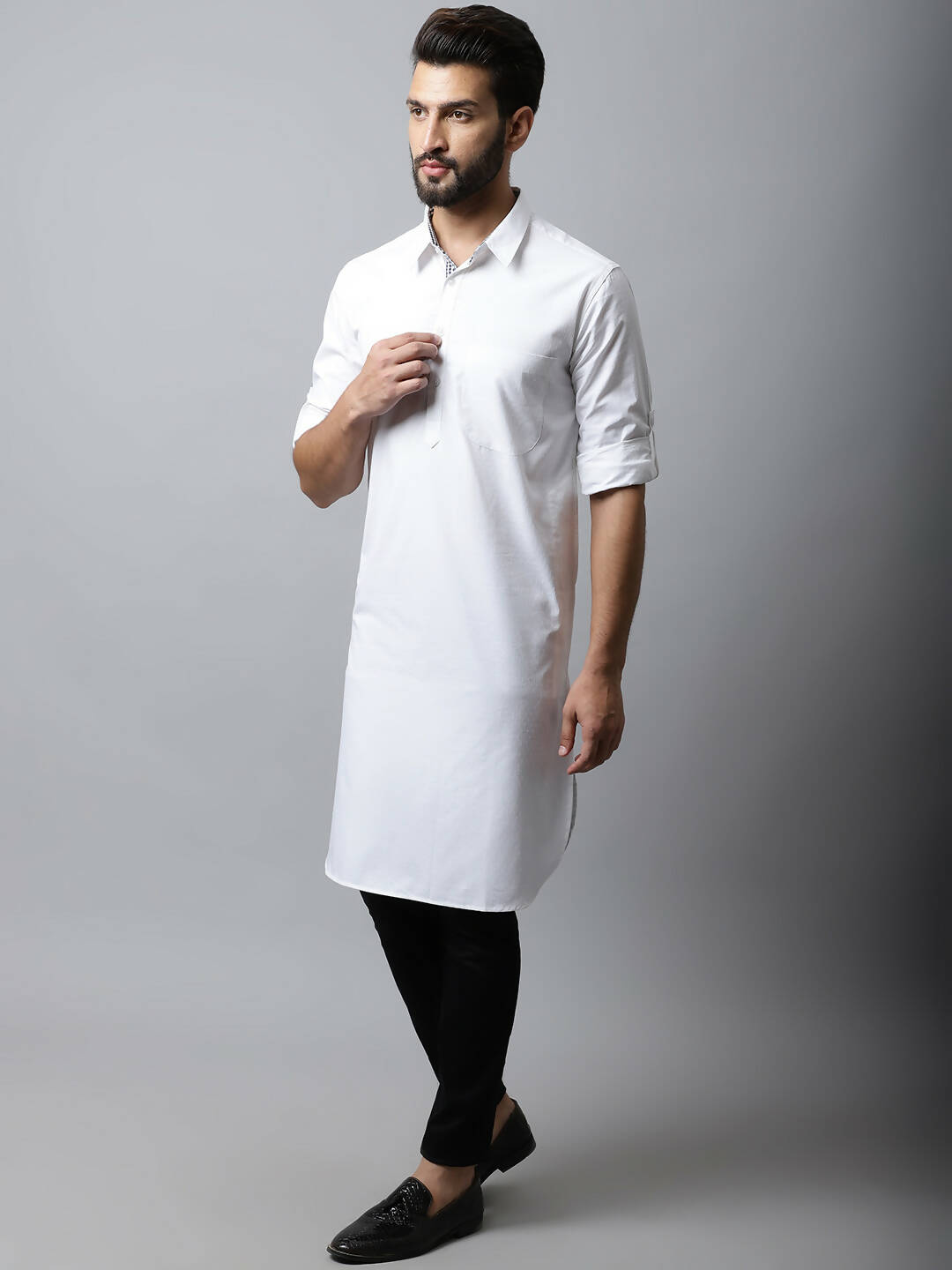 Even Apparels White Color Pure Cotton Solid Men's Kurta With Shirt Collar (SLD1203) | Swadesiicart