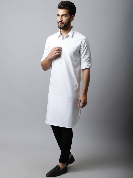 Even Apparels White Color Pure Cotton Solid Men's Kurta With Shirt Collar (SLD1203) | Swadesiicart