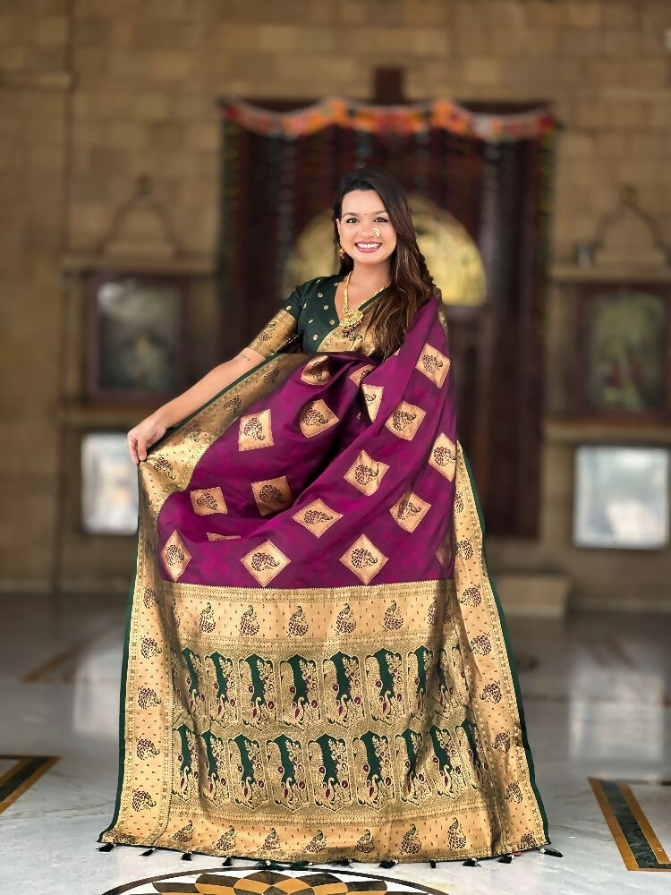 PR Fashion Wine Soft Banarasi Silk With Zari Weaving Meenakari Design Saree | Swadesiicart