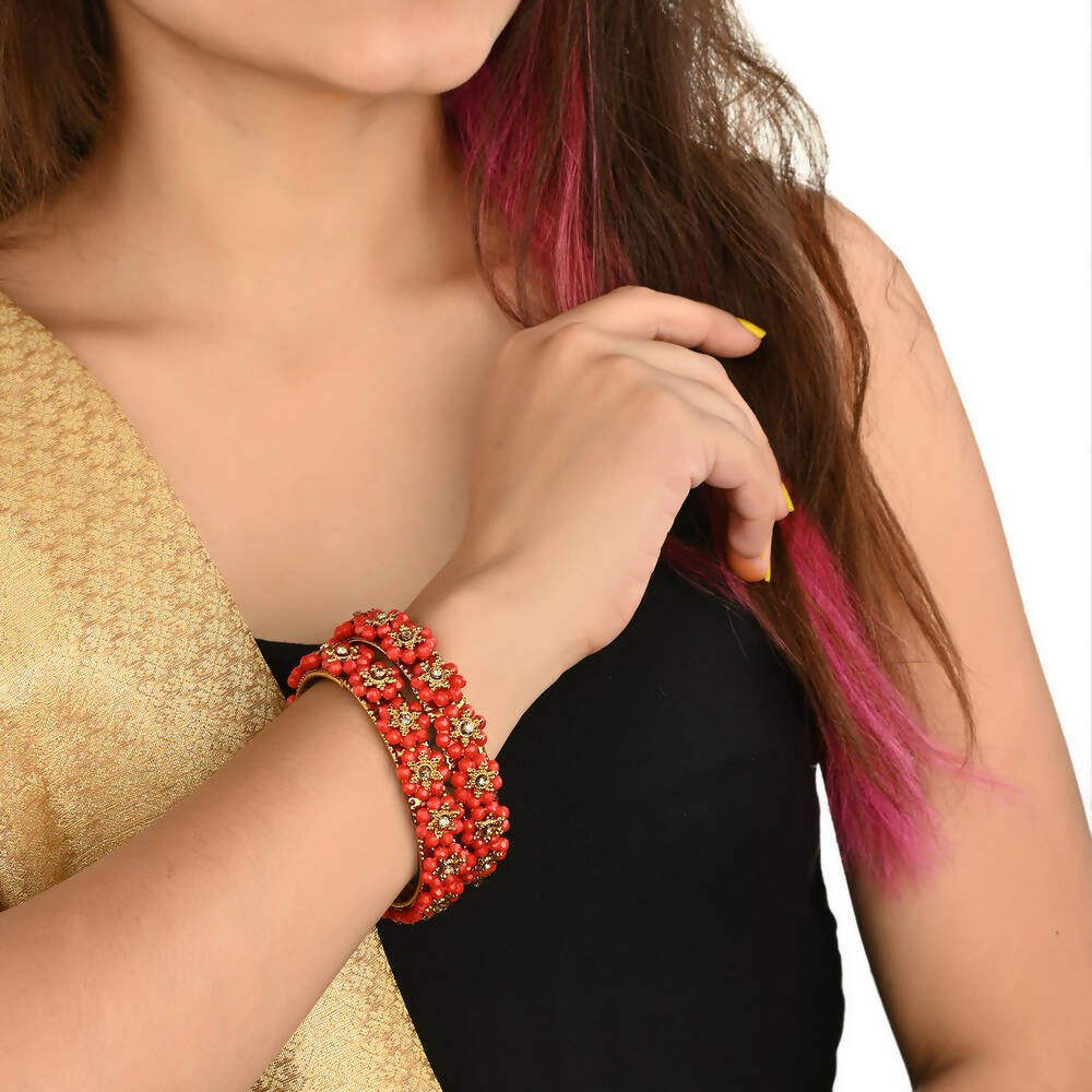 Afast Designer Fancy Party Bangle/ Kada Set, Red, Metal, Pack Of 2 - Swadesiicart