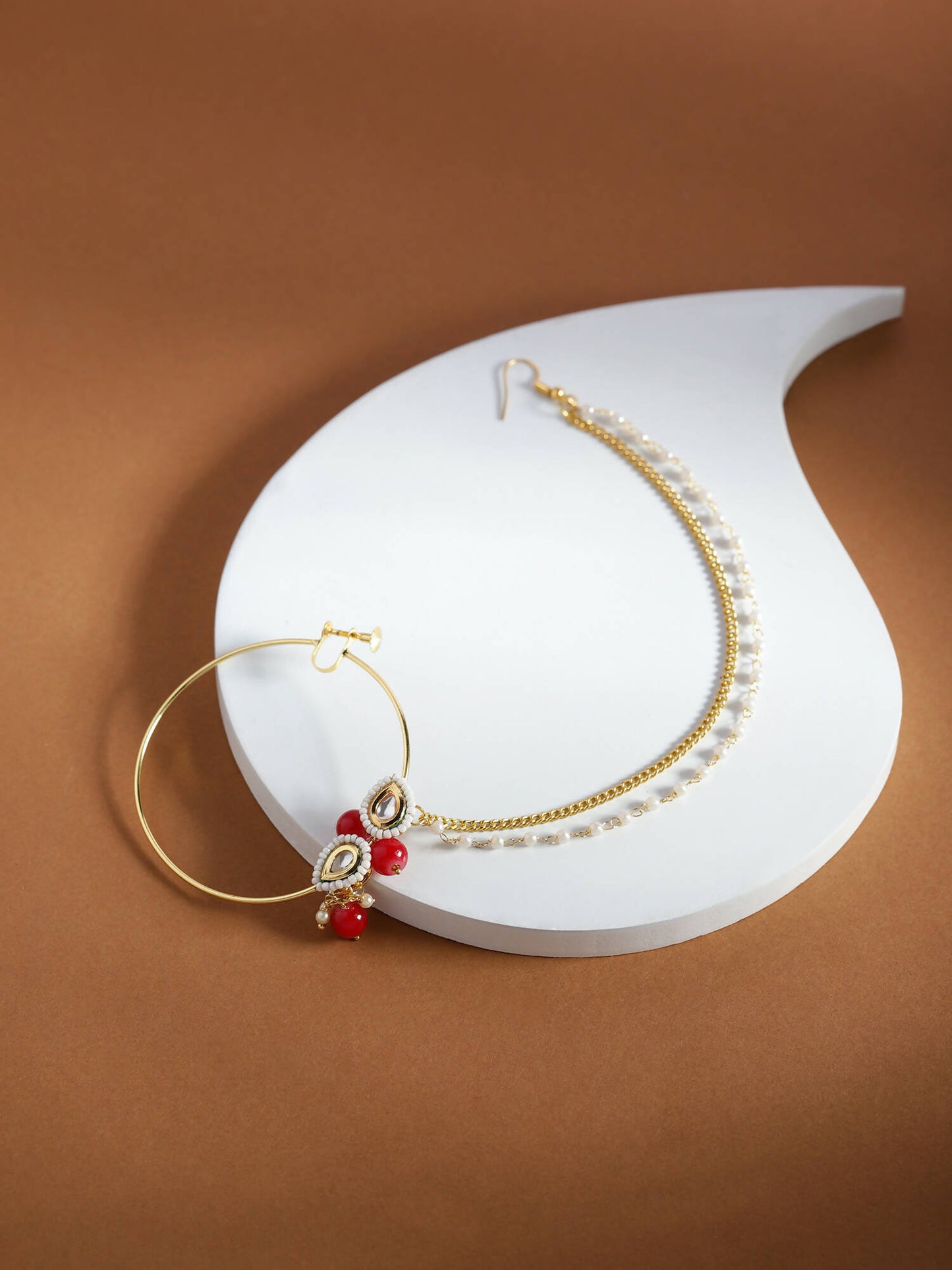 Gold-Pleated Red White Kundan Studded Beaded Nosepin - Ruby Raang | Swadesiicart