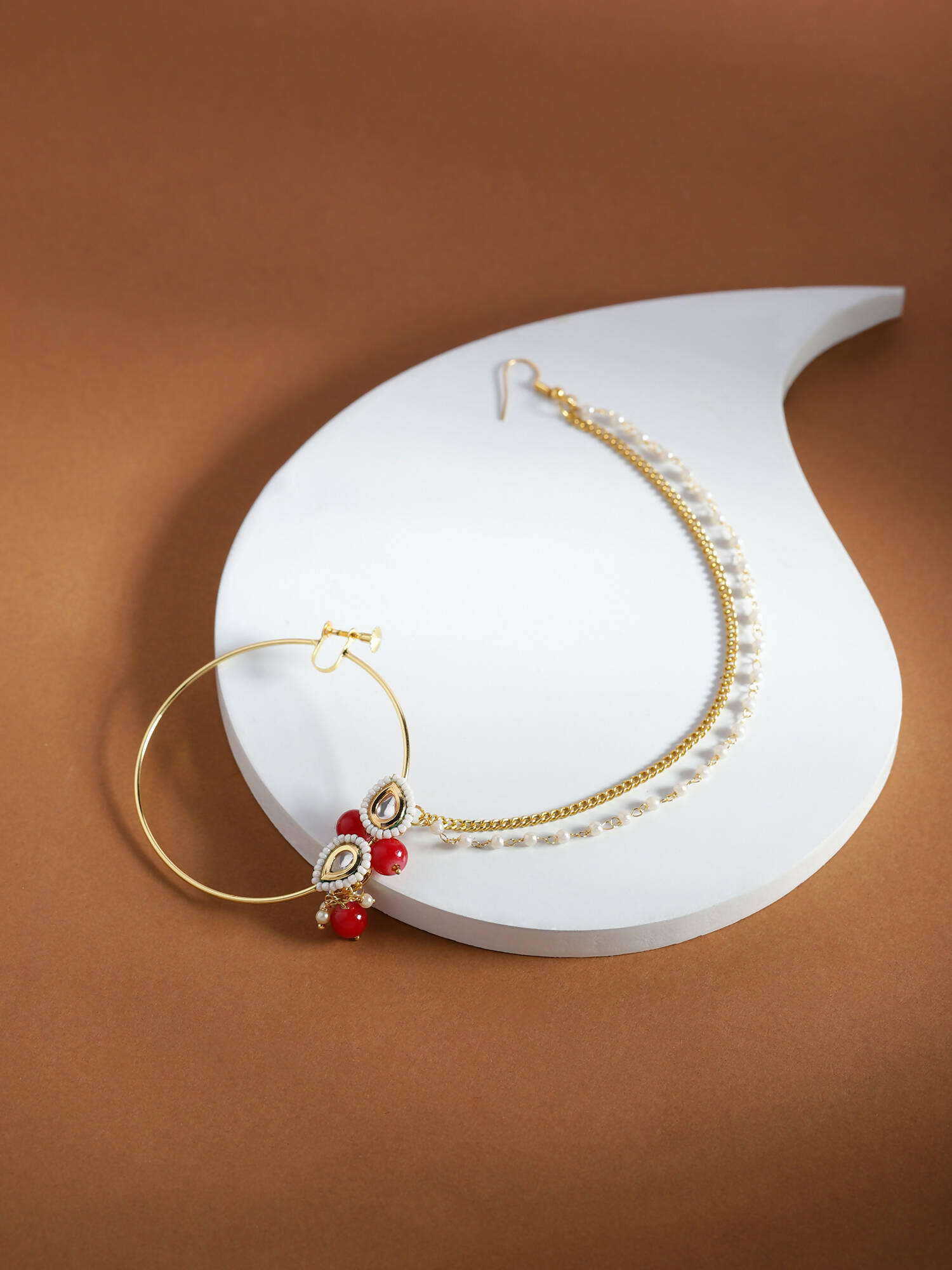 Gold-Pleated Red White Kundan Studded Beaded Nosepin - Ruby Raang | Swadesiicart