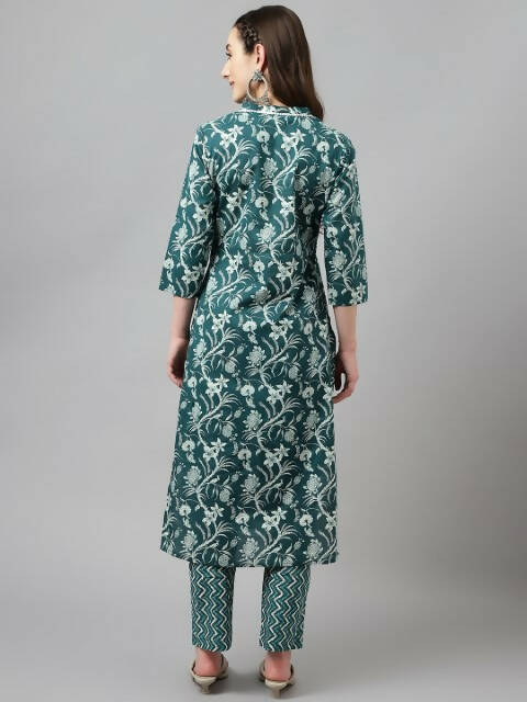 FIORRA Women's Teal Green Cotton A-Line Kurta Set - Swadesiicart
