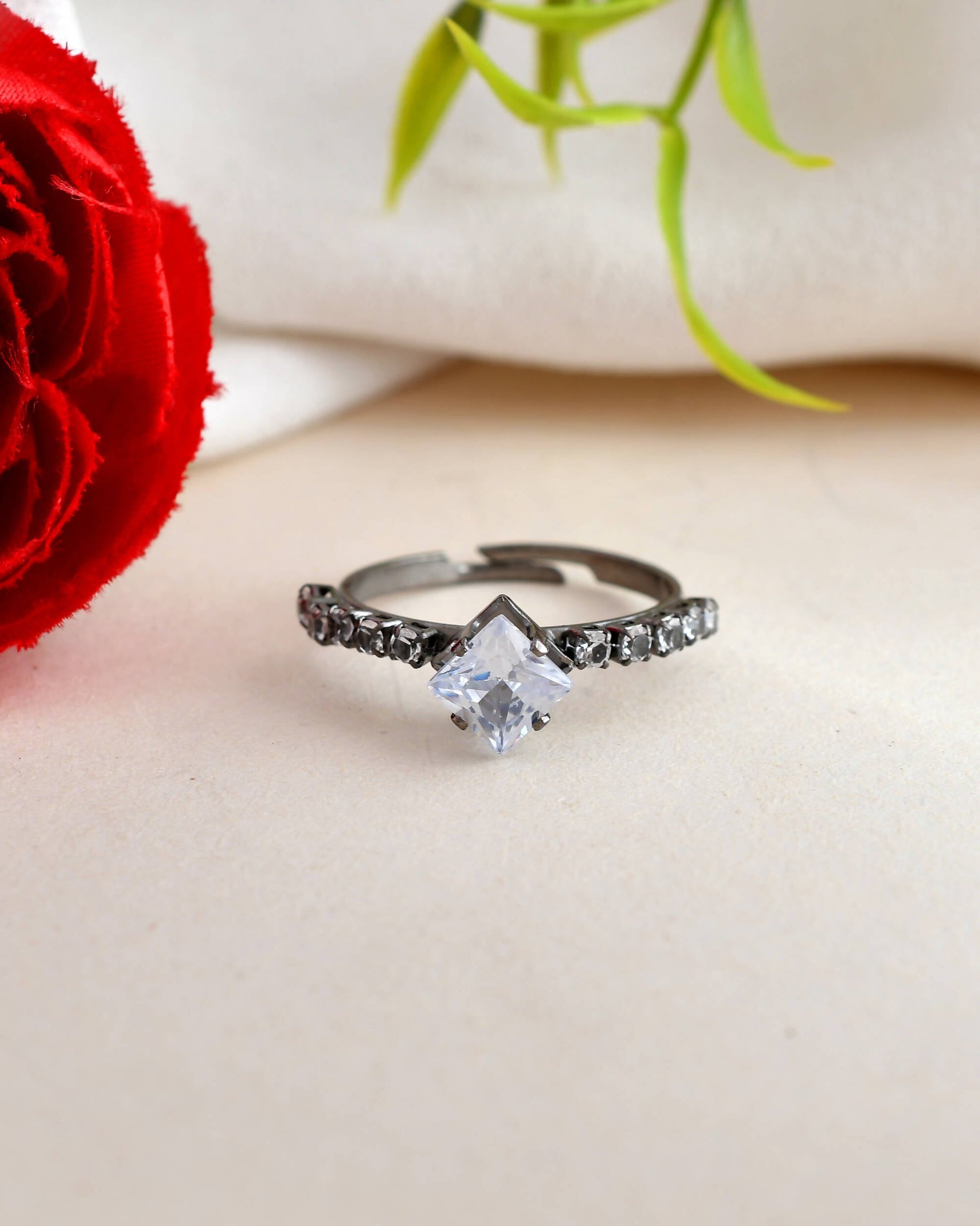 VOJ white CZ-detail Stainless Steel Cubic Zirconia Rhodium Plated Adjustable Finger Ring | Swadesiicart