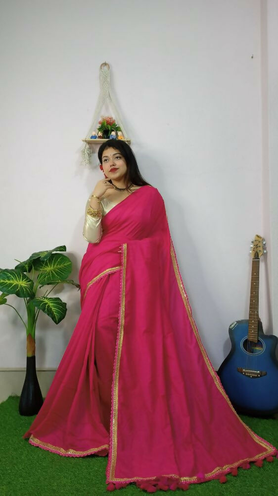 Exclusive Collection Beautiful Khadi Cotton Handloom Saree With Beautiful Zari Border - Pink - Swadesiicart