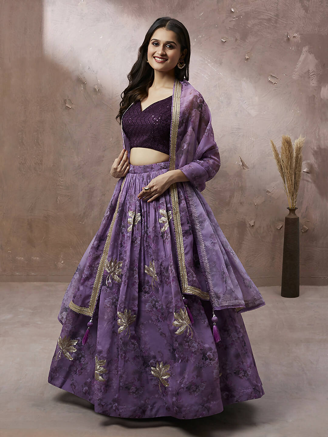 House of Panchhi Lavender Organza Floral Printed Lehenga choli & Dupatta | Swadesiicart