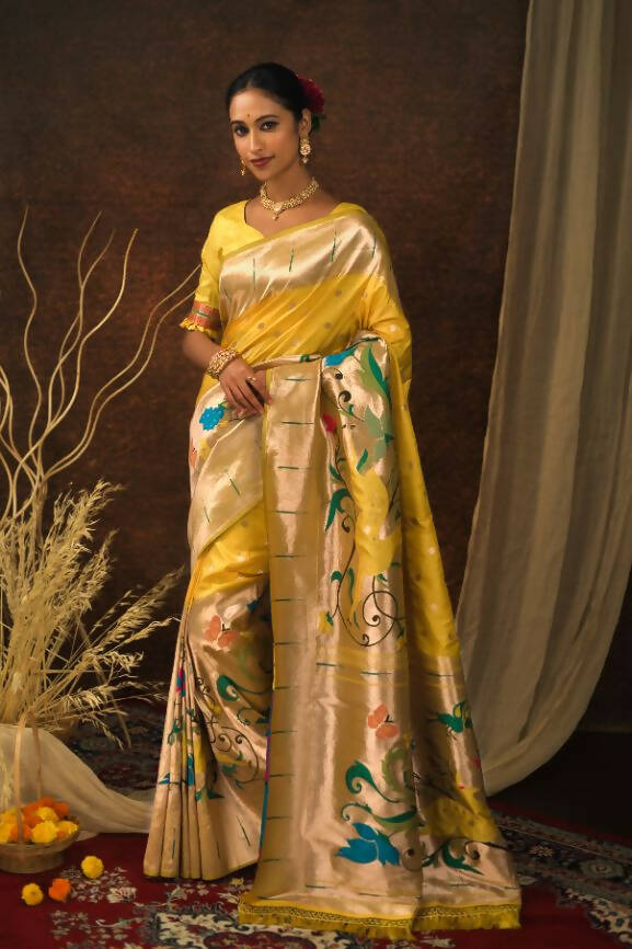 Vishnu Weaves Women's Yellow Paithani Silk Zari Woven Saree with Unstitched Blouse - Swadesiicart