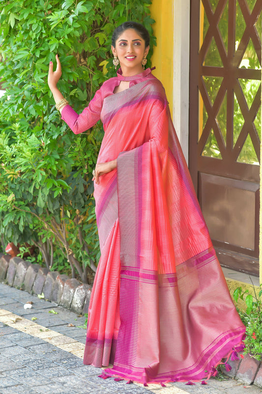Vishnu Weaves Women's Pink South Silk Zari Woven Saree with Unstitched Blouse - Swadesiicart