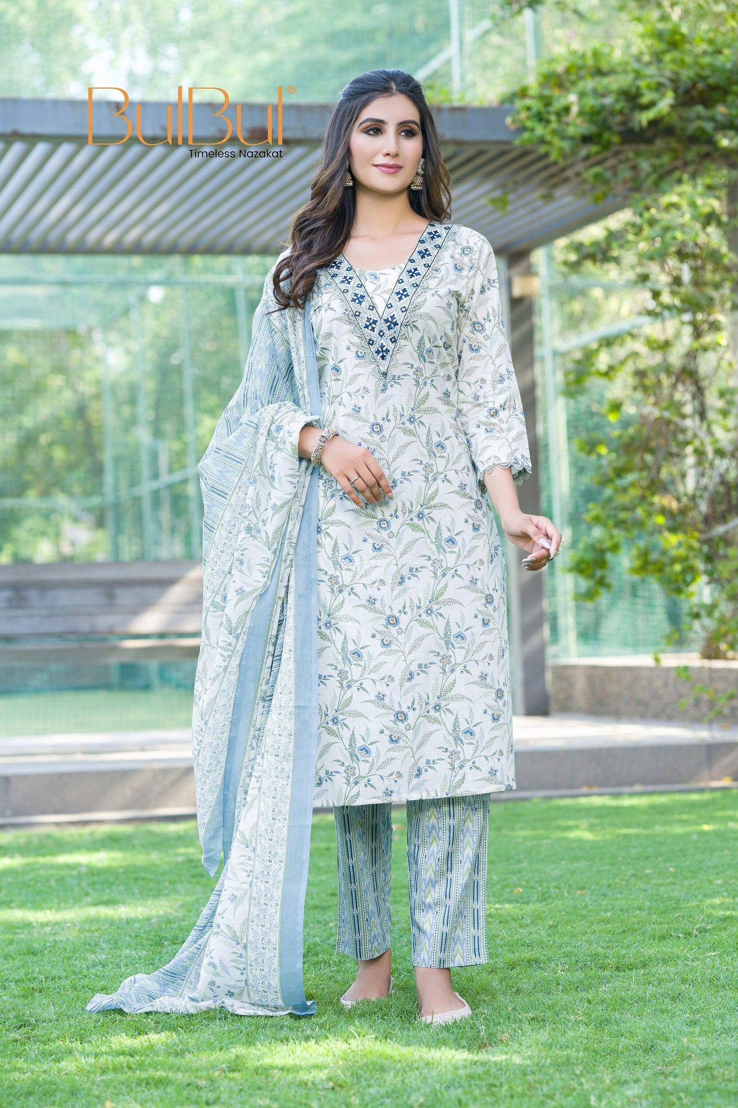 BulBul Fashionista Cotton Floral Blue Kurta Set with Dupatta - Swadesiicart