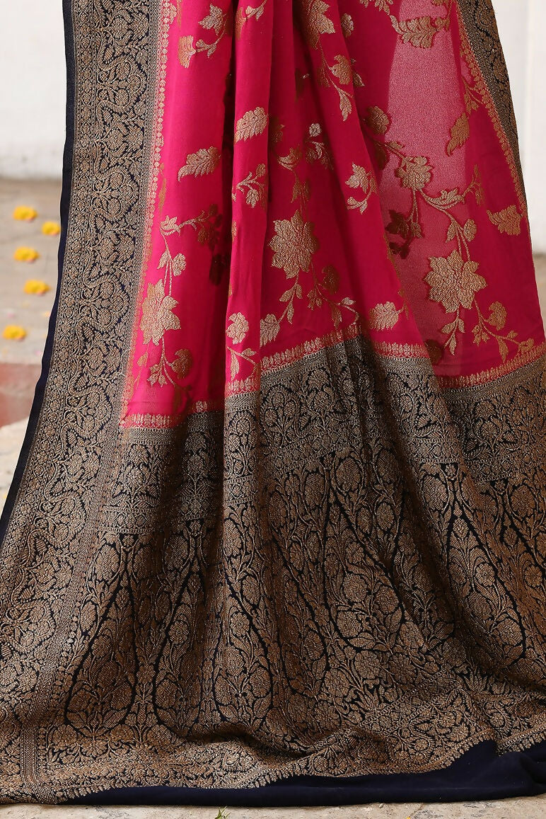 Joban Fashion Fuchsia Crepe Chiffon Pure Handloom Banarasi Silk Saree | Swadesiicart