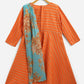 Ahalyaa Orange Crepe Gold Striped Printed Kids Dress Kurta With Attached Dupatta For Girls | Swadesiicart