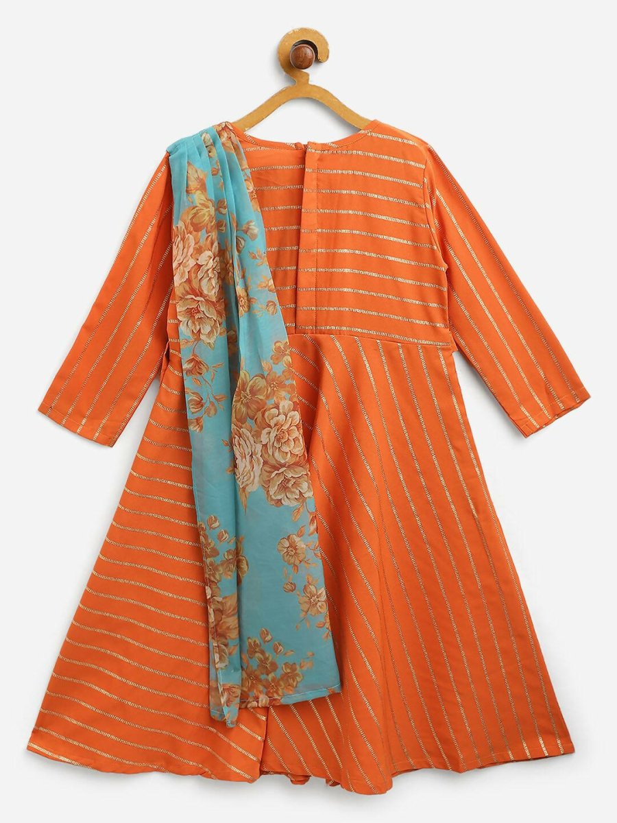 Ahalyaa Orange Crepe Gold Striped Printed Kids Dress Kurta With Attached Dupatta For Girls | Swadesiicart