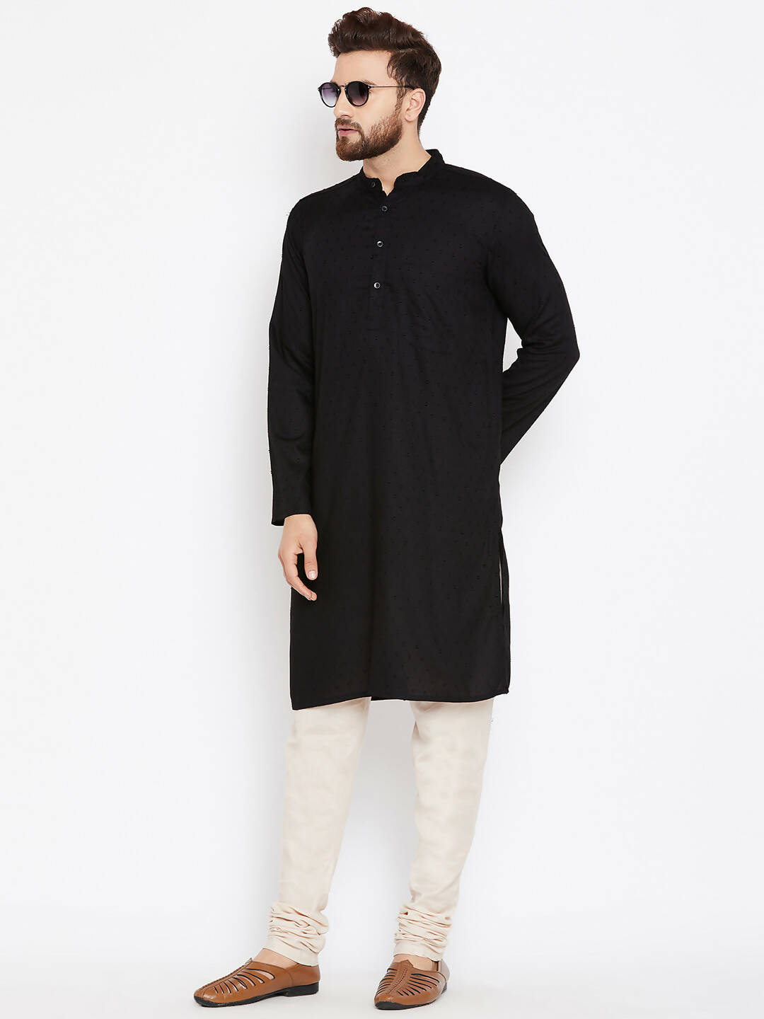 Even Apparels Black Pure Cotton Band Collar Men's Kurta | Swadesiicart