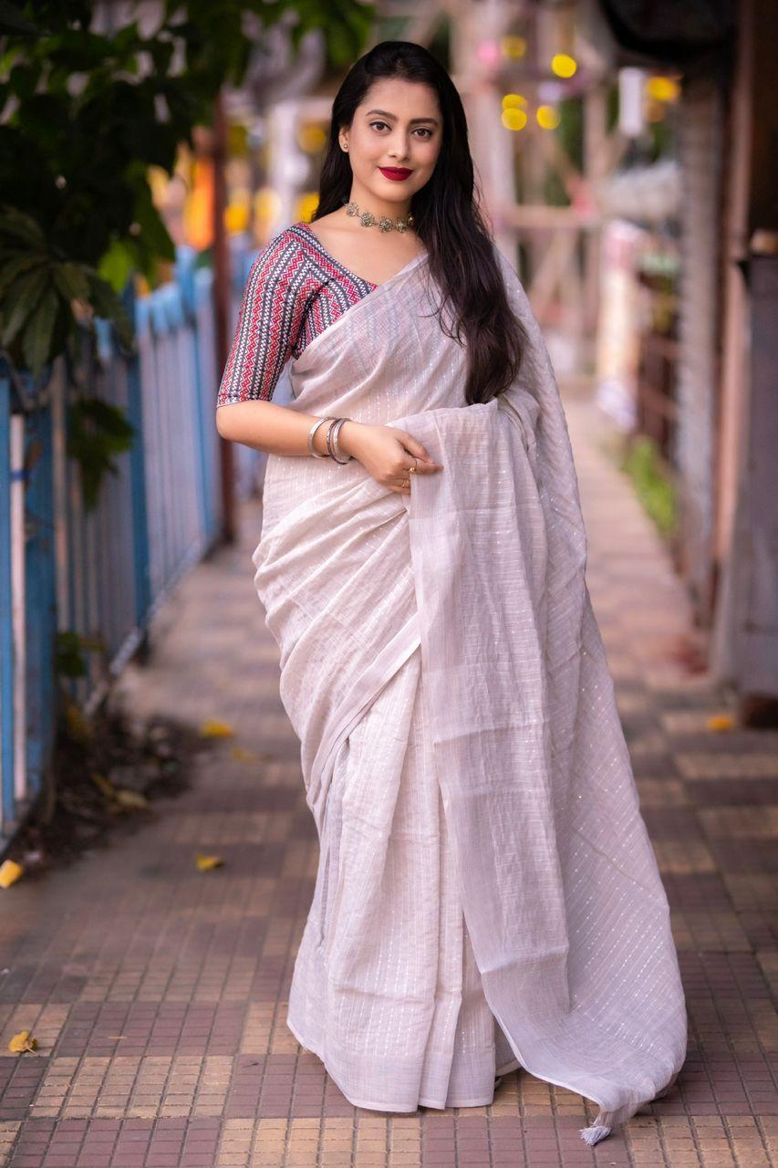 Grey Linen Sequence Saree with Unstitched Blouse - Hiral Fashion | Swadesiicart