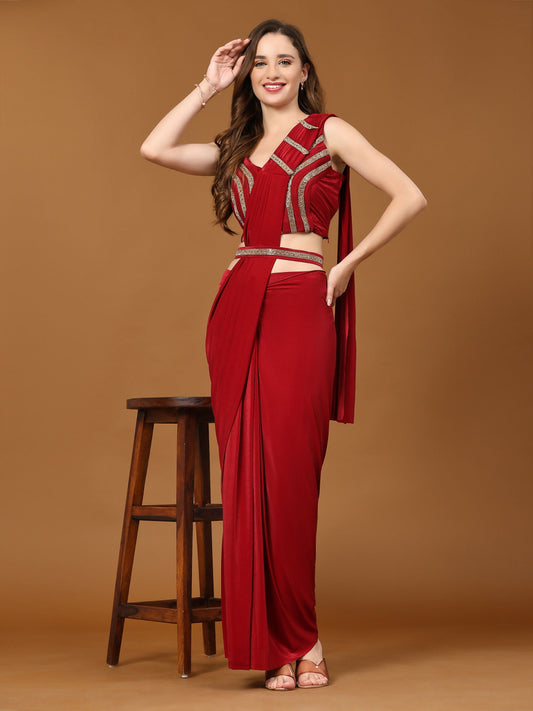 Red Imported Crystle Solid Ready to Wear Saree with stitched Blouse - Nita | Swadesiicart