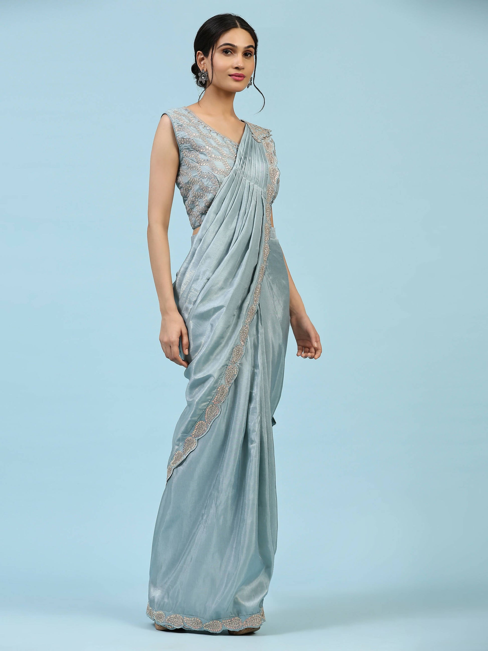 Sky Blue Silk Satin Plain Ready to wear Saree with stitched Blouse - Vrinda | Swadesiicart