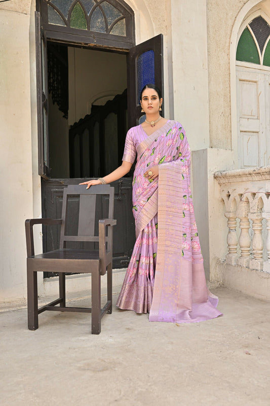 Vishnu Weaves Women's Purple Banarasi Silk Saree with Blouse - Swadesiicart
