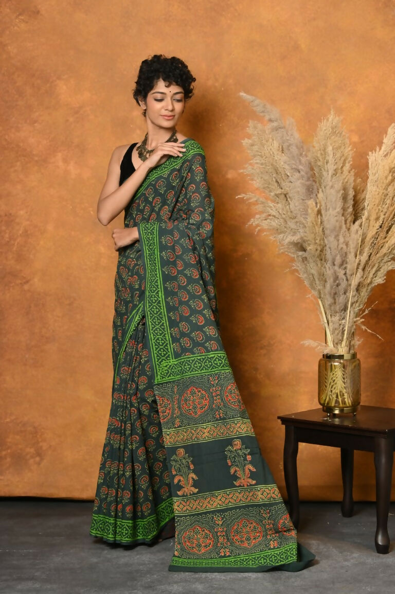 Very Much Indian Handblock Printed Cotton Saree With Natural Dyes - Green | Swadesiicart