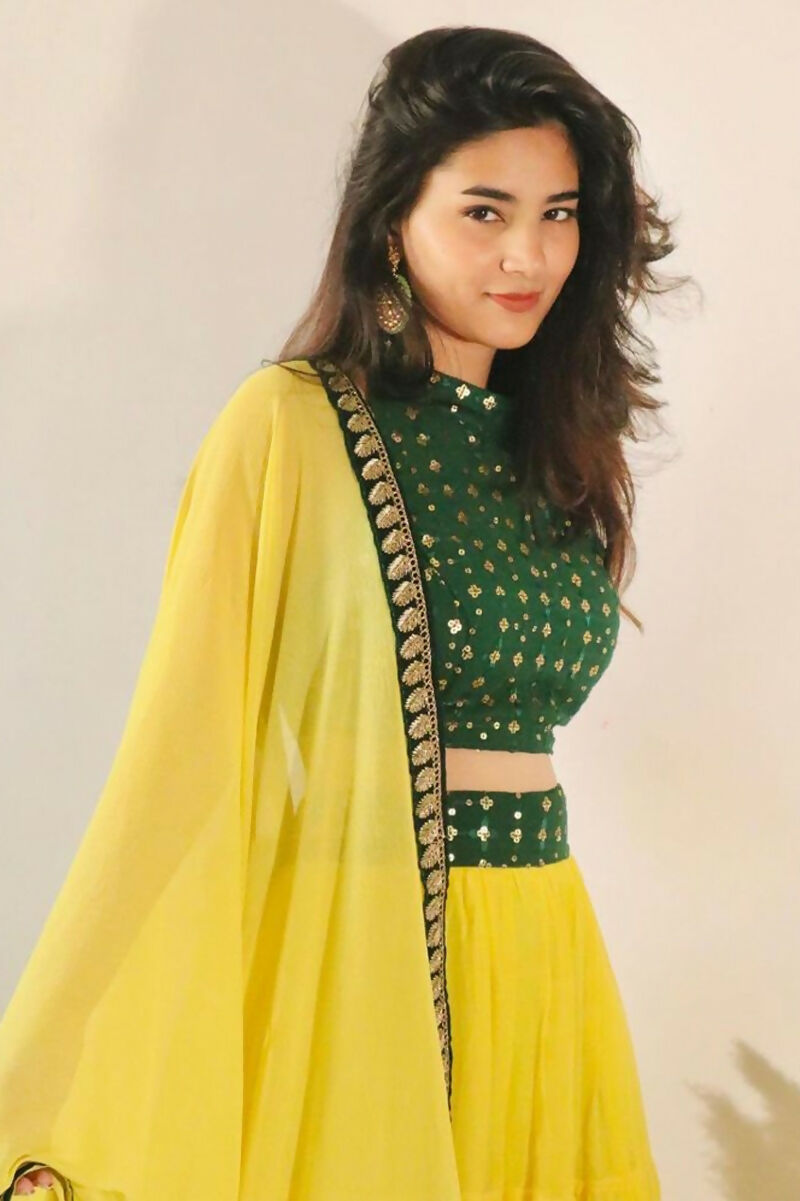 Jyoti Fashion Yellow Three Lair Frill Georgette Lehenga Choli with Dupatta | Swadesiicart