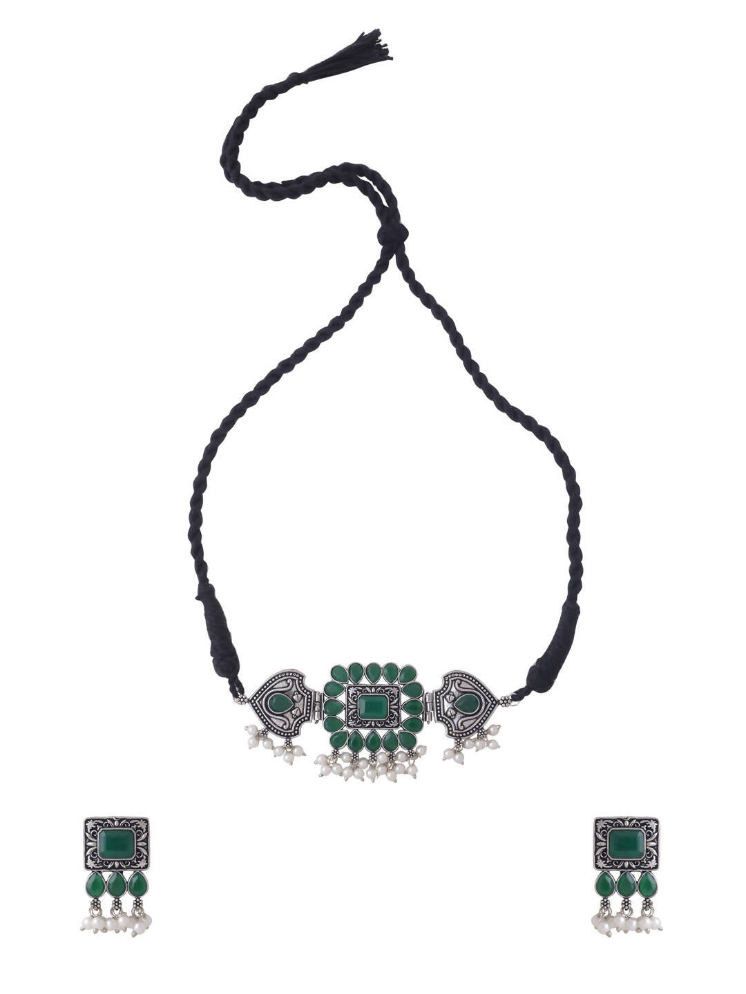 NVR Women's Oxidised Silver Plated Green Color Stone Jewellery Set With Earrings | Swadesiicart