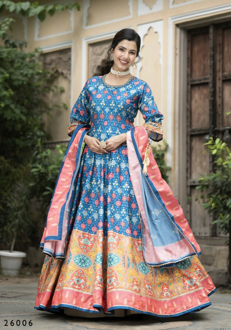 Wedding Designer Blue Soft Dola Silk Anarkali suit with Dupatta - Samanta - Swadesiicart