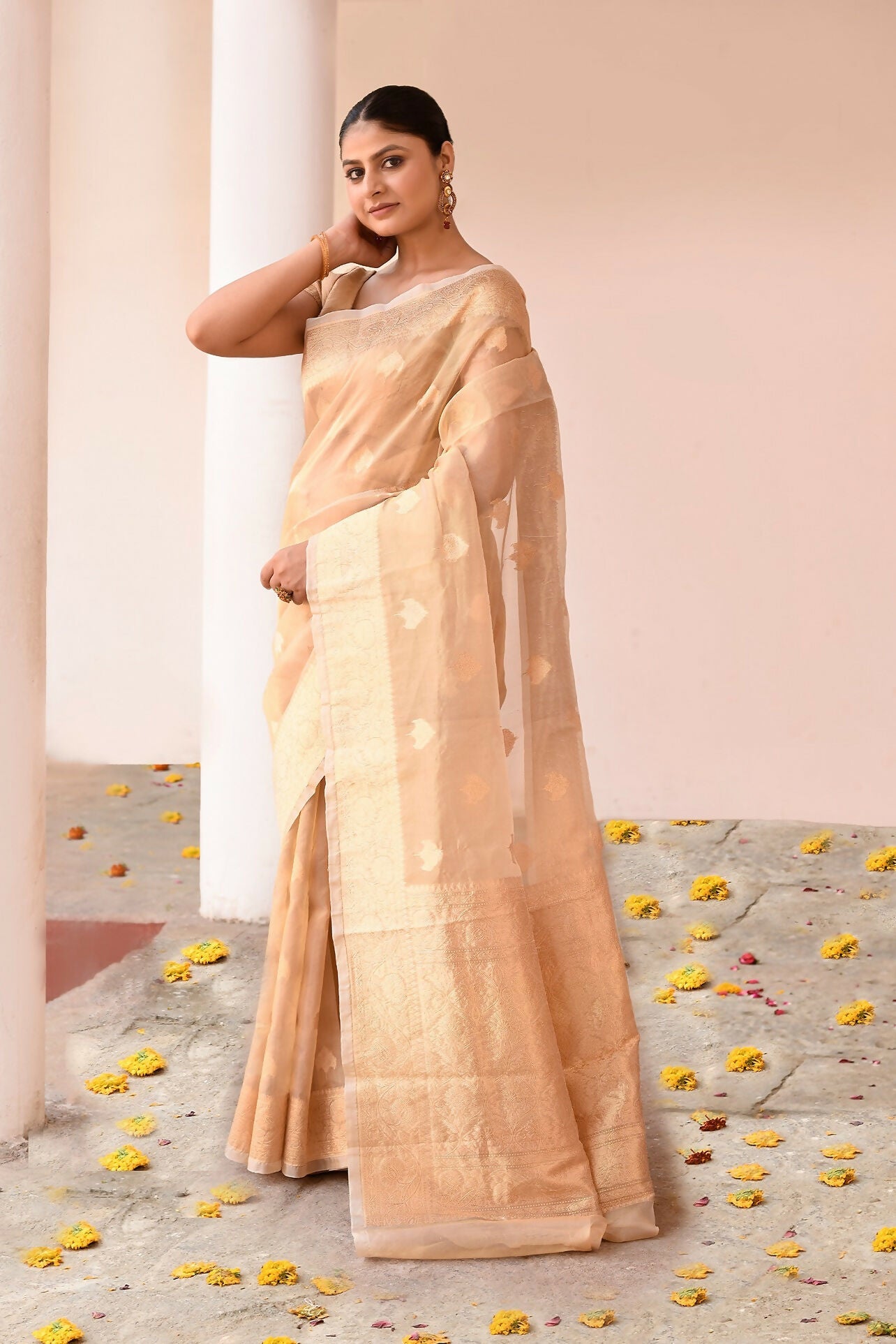 Joban Fashion Gold Banarasi Kora Tissue Pure Handloom Banarasi Silk Saree | Swadesiicart