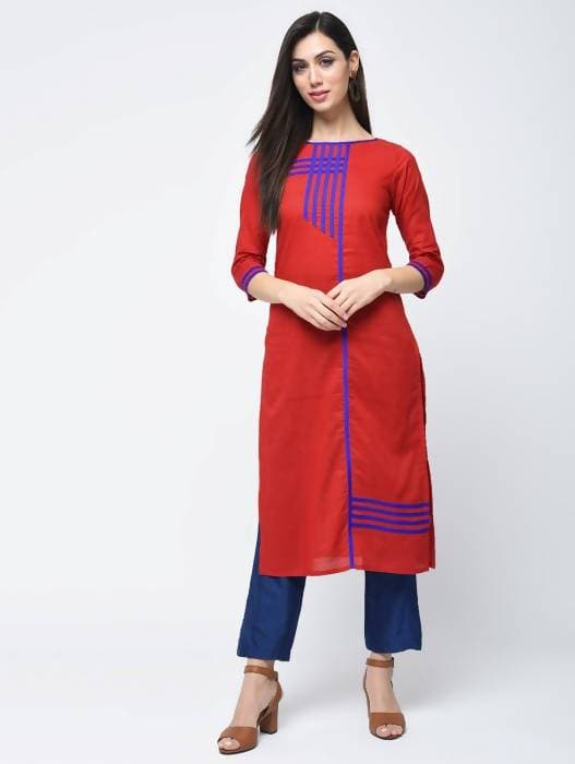 Aniyah Cotton Red Color Straight Kurta With Patchwork (AN-108K) - Swadesiicart