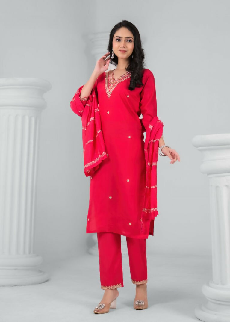 Ethnic Festive Wear Chanderi Red Stitched Suit With Dupatta - Tanisha | Swadesiicart